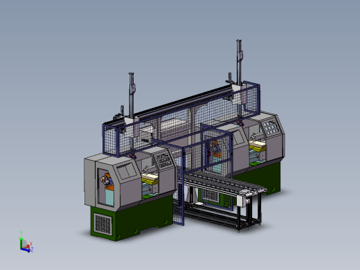 NCN数控车床自动上下料机械手方案两台联机V型带供料3