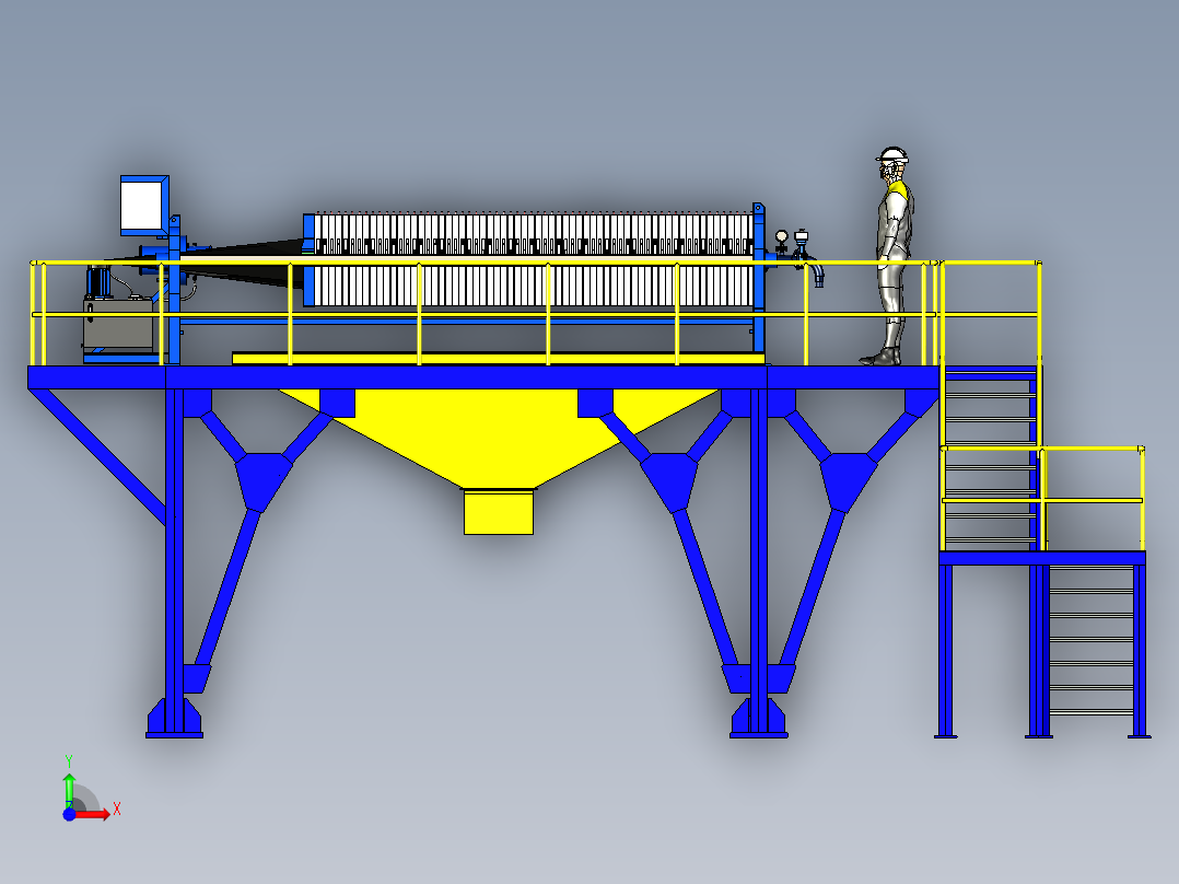 工业废水压滤机和金属框架前视图
