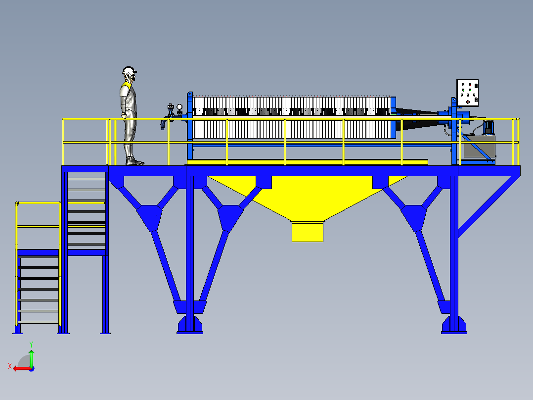 工业废水压滤机和金属框架后视图