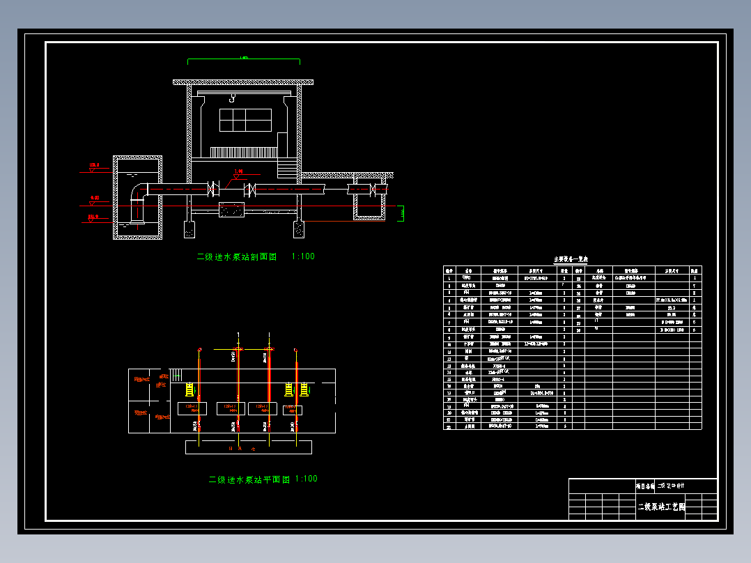 二级泵站设计给排水泵站平面剖面图CAD施工图