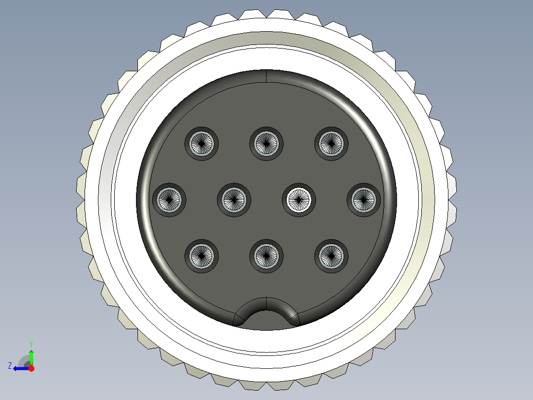 GX20 航空连接器，具有 2、3、4、5、6、7、8、9、10、12、14 和 15 针。右视图