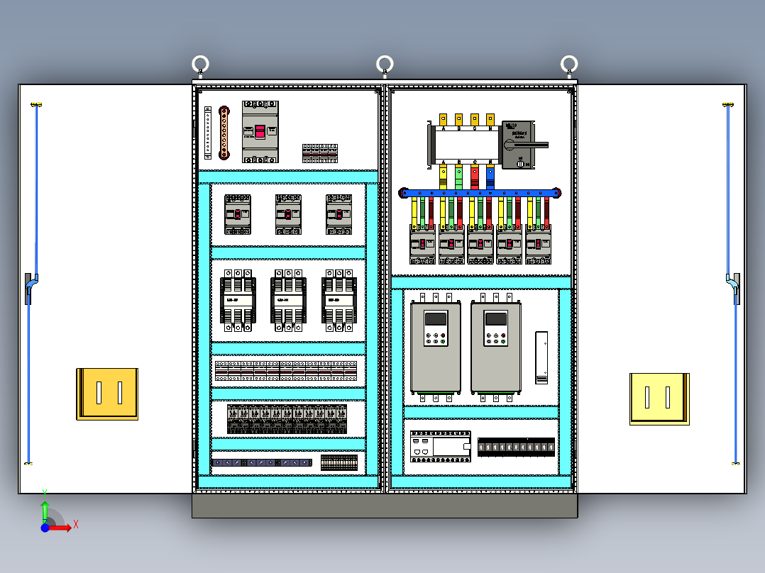 双柜组装120A交流接触器+双电源软启动plc控制柜前视图