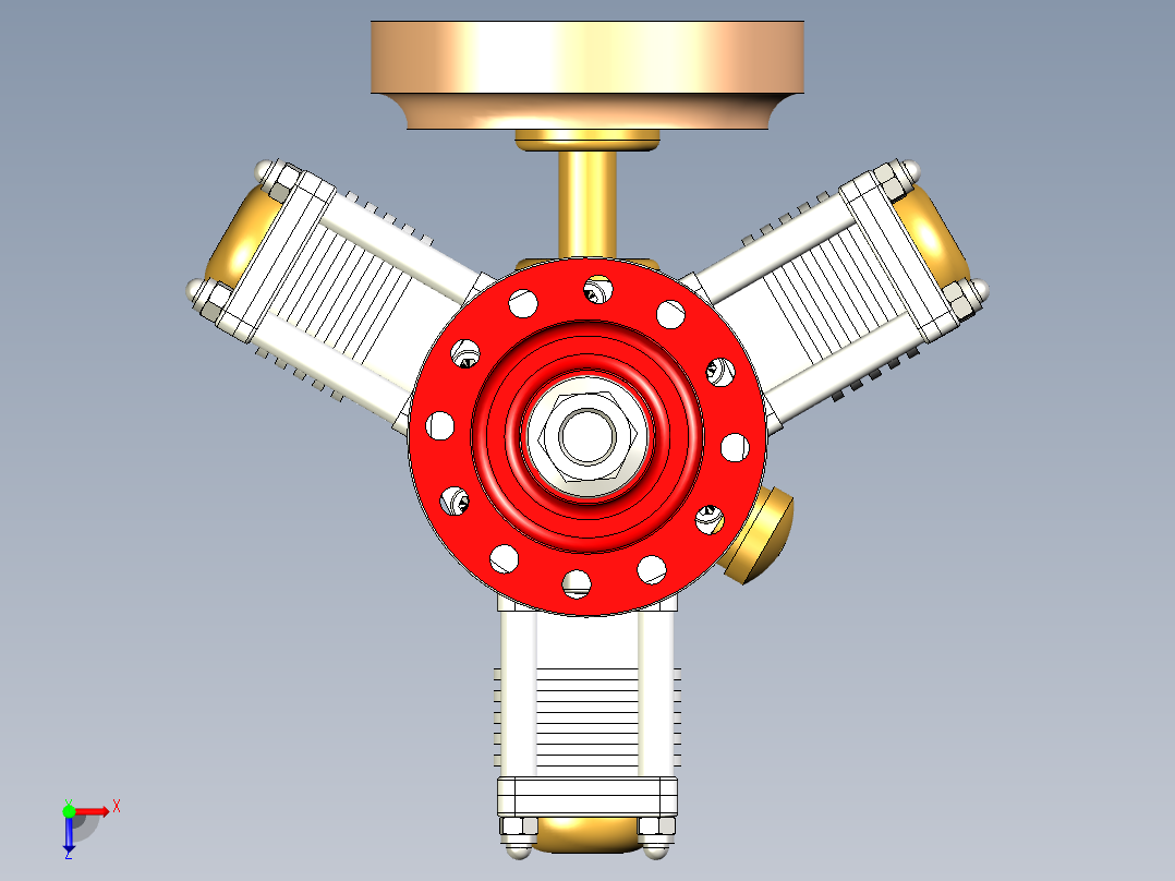 三缸星式蒸汽机three-cylinder-radial-steam-模型格式为 stp igs俯视图