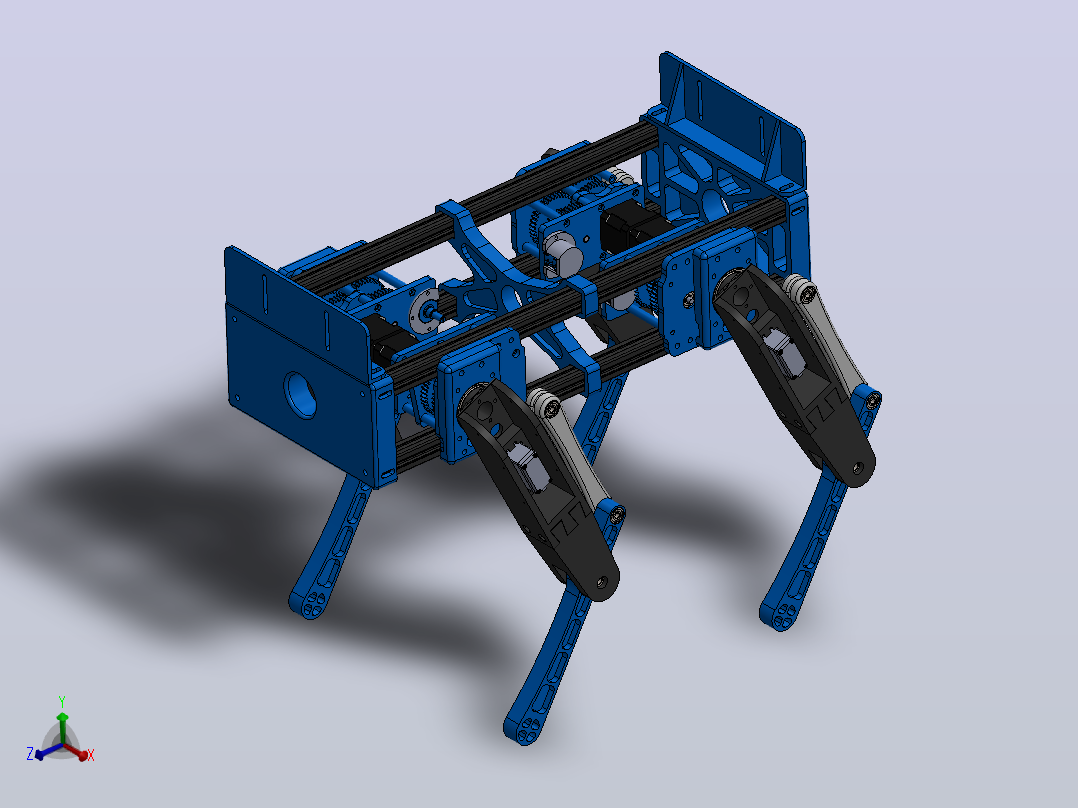 由步进电机和伺服电机制成的玩具机器狗3D数模图纸 Solidworks设计主视图