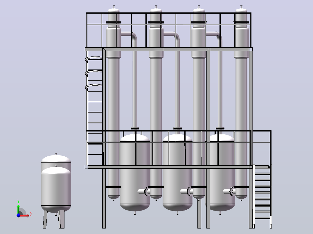 三效浓缩蒸发器SolidWorks三维模型前视图