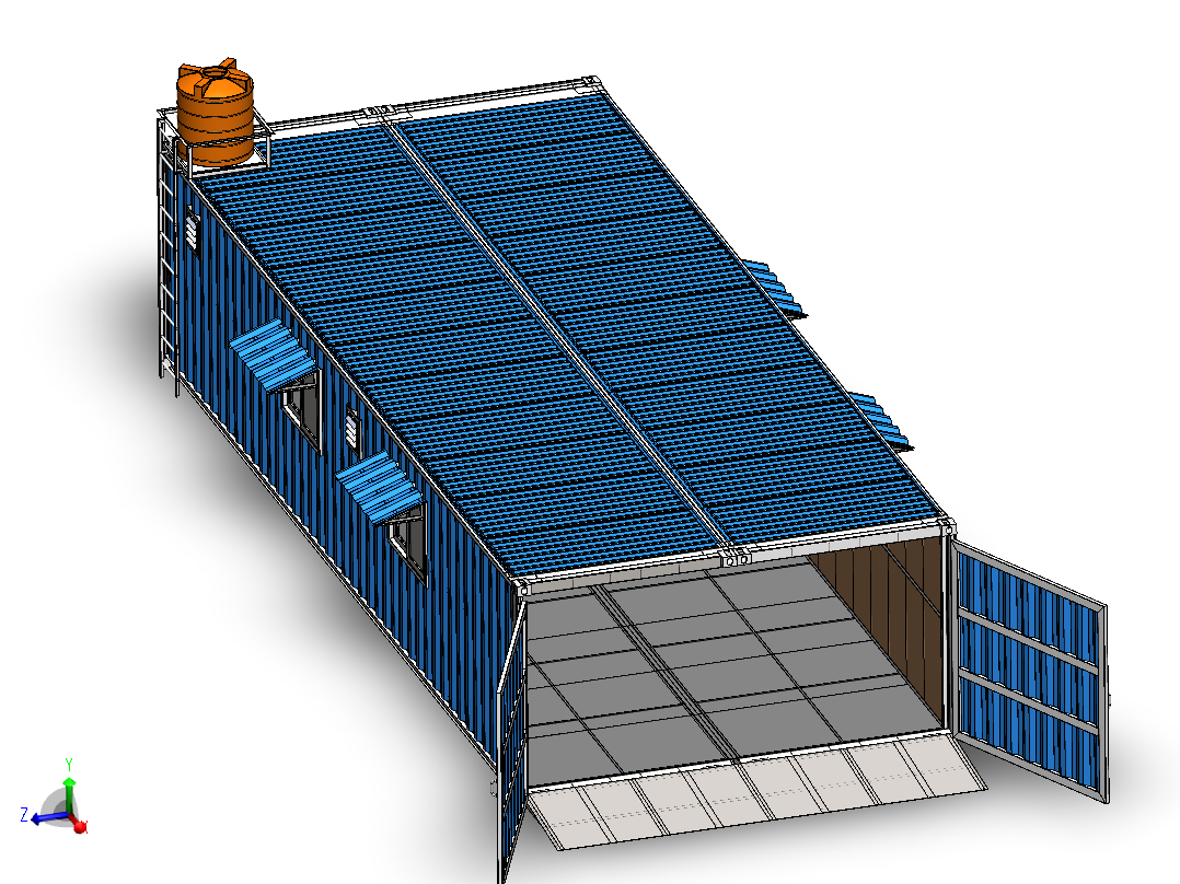由两个40英尺集装箱搭建的车库主视图