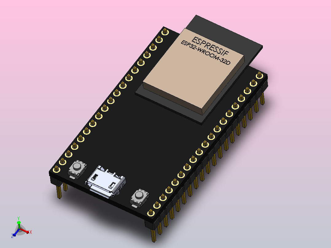 这是ESP32-DevKitC V4板的基本型号，具有38个引脚，采用ESP32-WROOM-32D双核芯片主视图