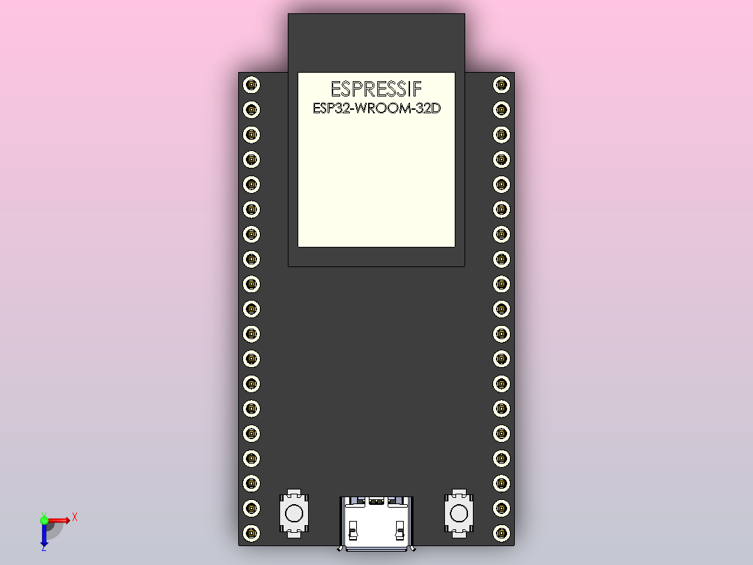 这是ESP32-DevKitC V4板的基本型号，具有38个引脚，采用ESP32-WROOM-32D双核芯片俯视图