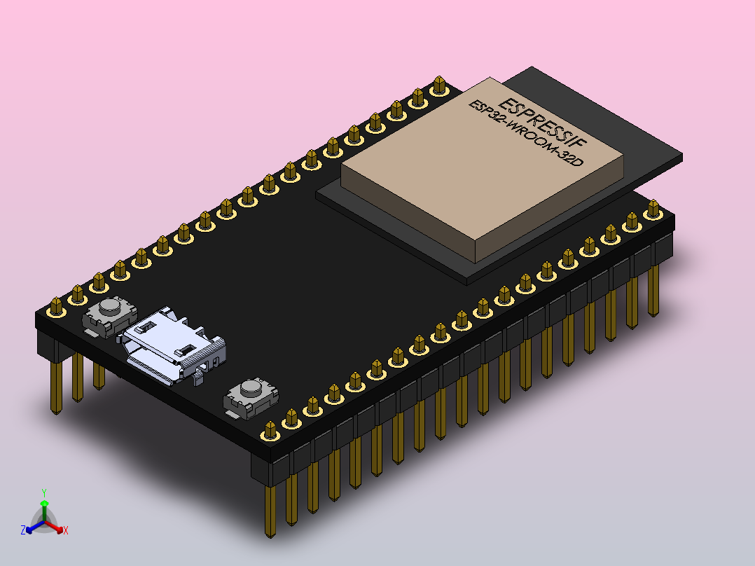 这是ESP32-DevKitC V4板的基本型号，具有38个引脚，采用ESP32-WROOM-32D双核芯片正等轴测图