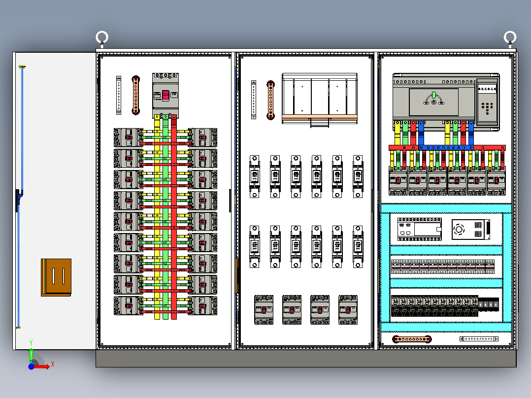 三柜组装630A刀开关双电源plc软启动控制柜 55445前视图