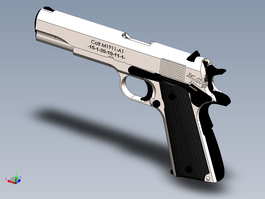 手枪左轮冲锋枪老式狙击步枪设计3D图纸M1911-A1 REDUX PISTOL SolidWorks主视图