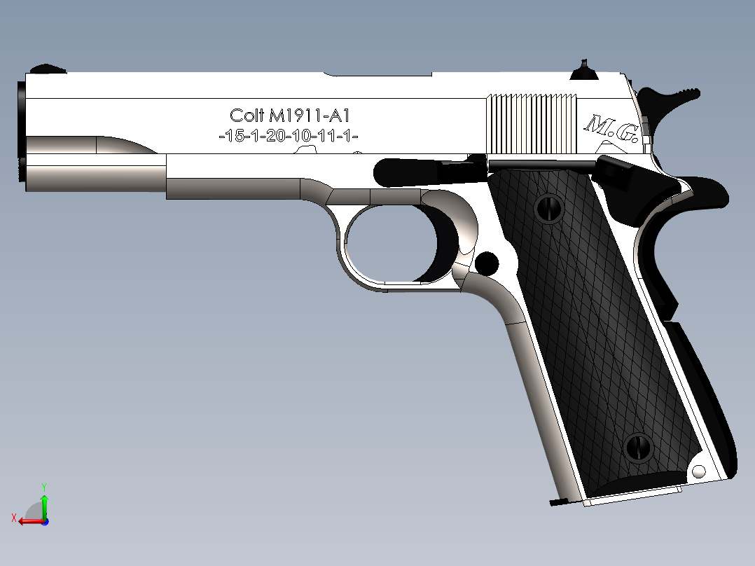 手枪左轮冲锋枪老式狙击步枪设计3D图纸M1911-A1 REDUX PISTOL SolidWorks后视图