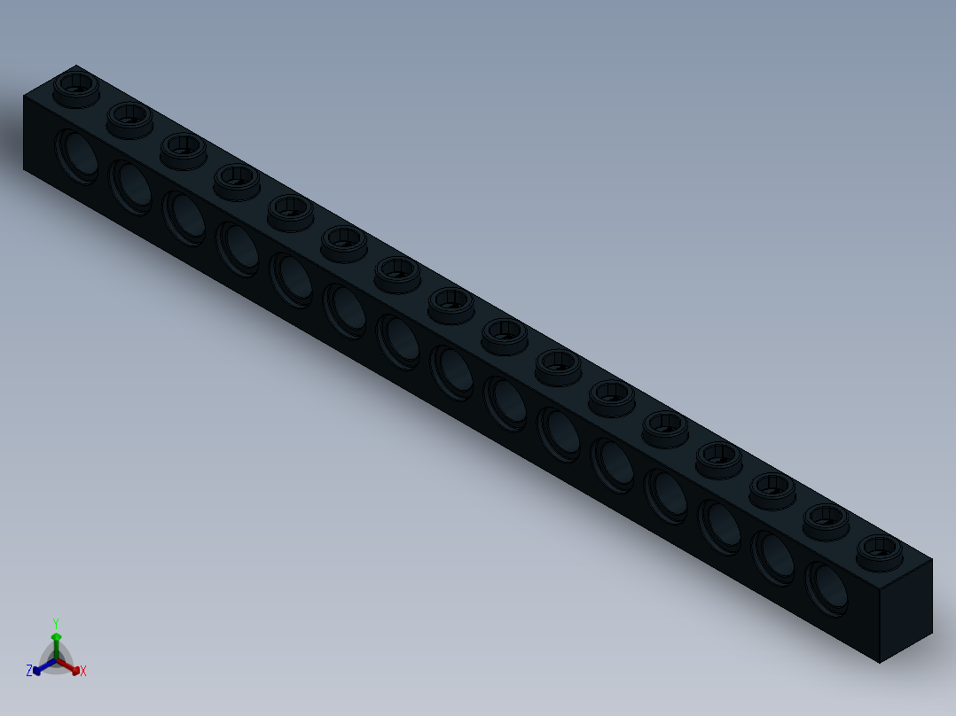 乐高机械组积木（横梁）-370326 Black Technic Brick 1 x 16 with Holes正等轴测图