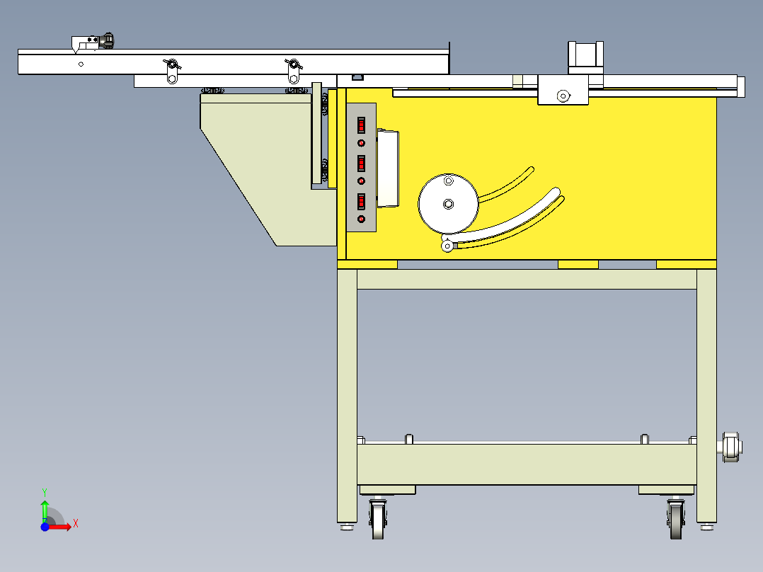 带圆锯和空开的圆台锯工作台前视图