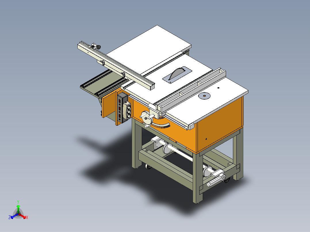 带圆锯和空开的圆台锯工作台正等轴测图