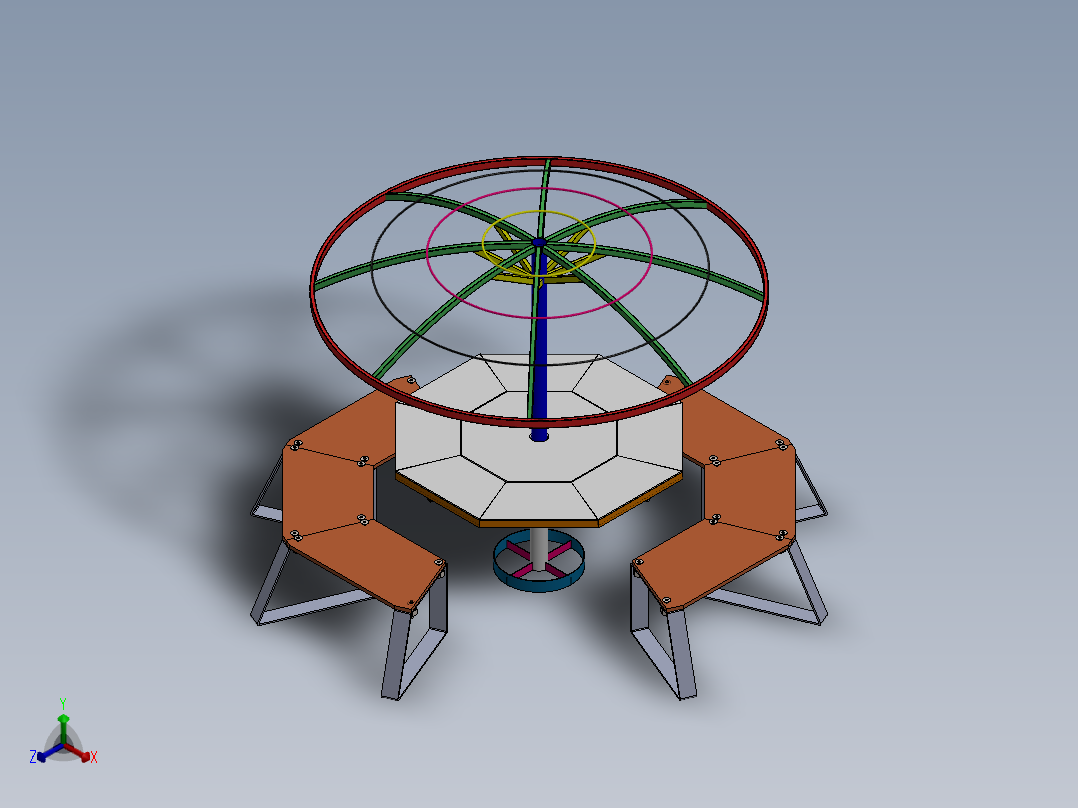 八角形花园桌和遮阳伞正等轴测图