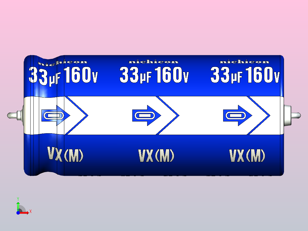 铝制轴向电解电容器。VX系列33uf 160v伏。13x28mm。间距31至38毫米。电解镍镉电池前视图