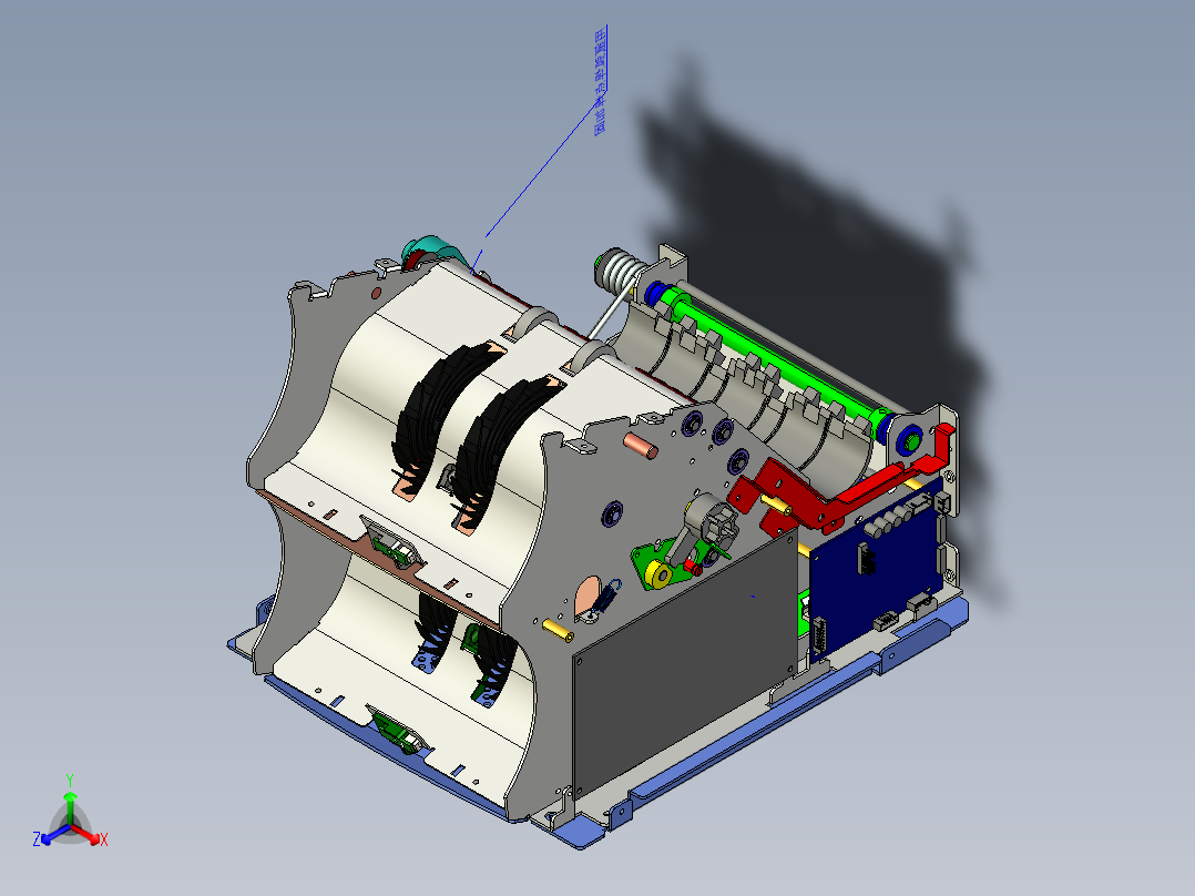 上下光源一体磁敏式三槽捻钞轮2口纸币清分机 Creo可编辑正等轴测图