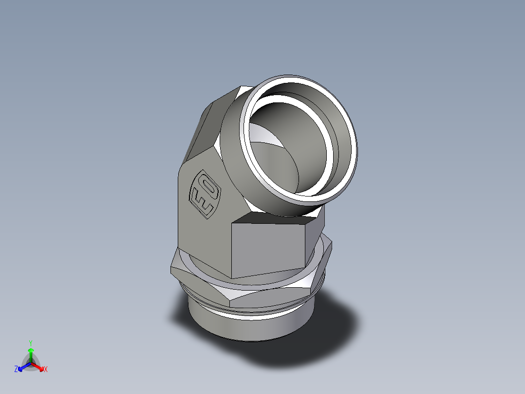 卡套式工业通用硬管接头EO_Adjustable_locknut_45_deg_elbow_VEE42LMOROMDCF正等轴测图