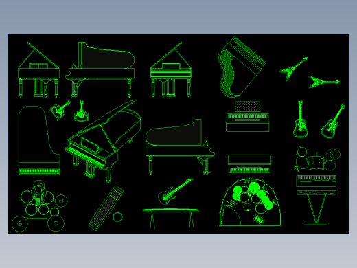 乐器架子鼓吉他笛子古筝琵琶小提琴唢呐钢琴CAD图