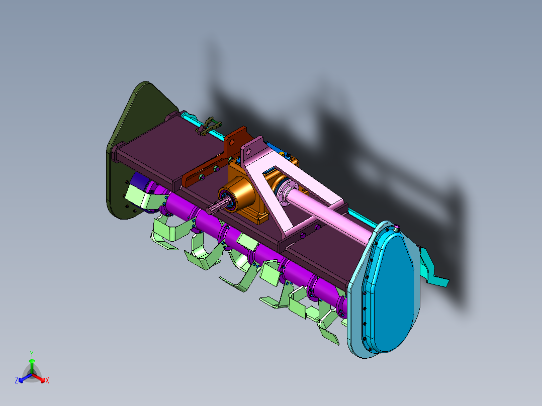 牵引式单轴土地旋耕松土机正等轴测图