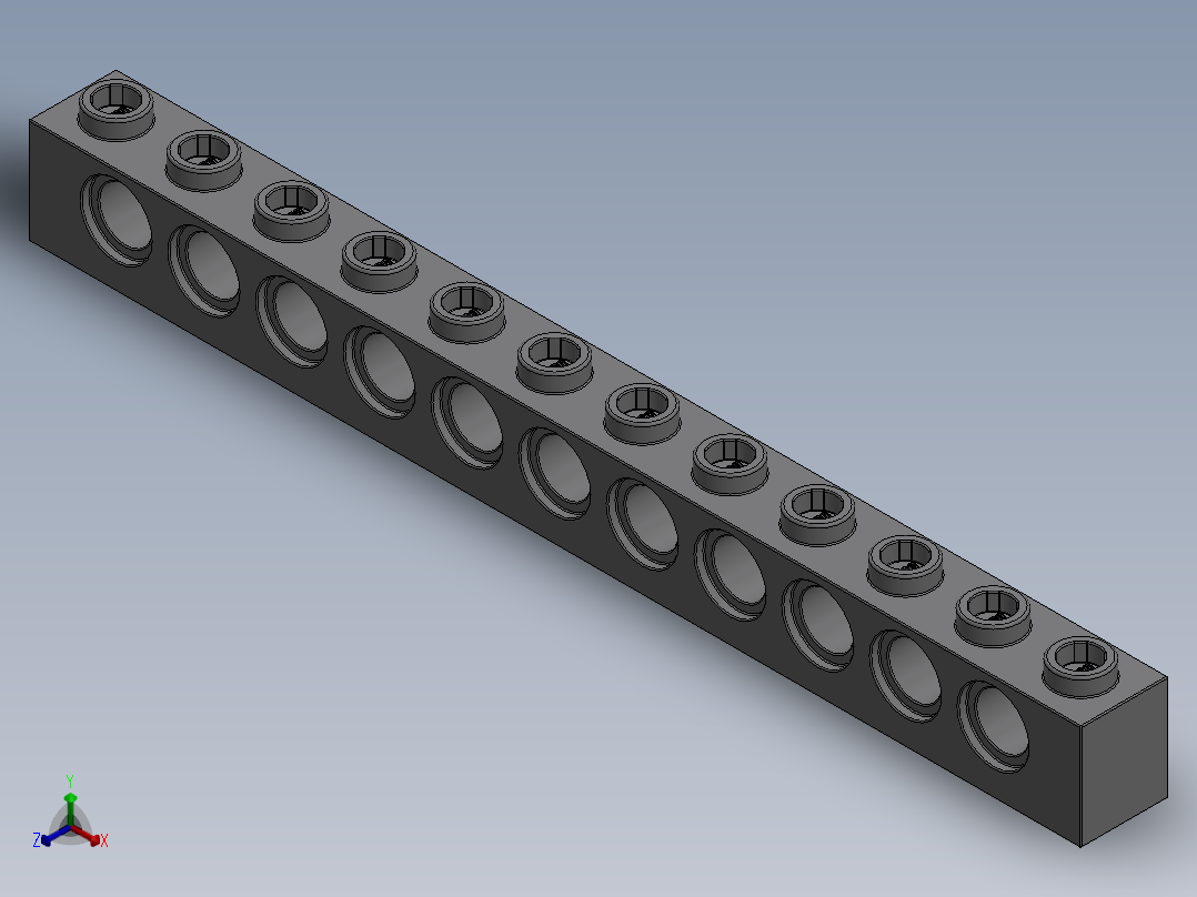 乐高机械组积木（横梁）-4211860 - 3895 Medium Stone Grey Technic Brick 1 x 12 with Holes正等轴测图