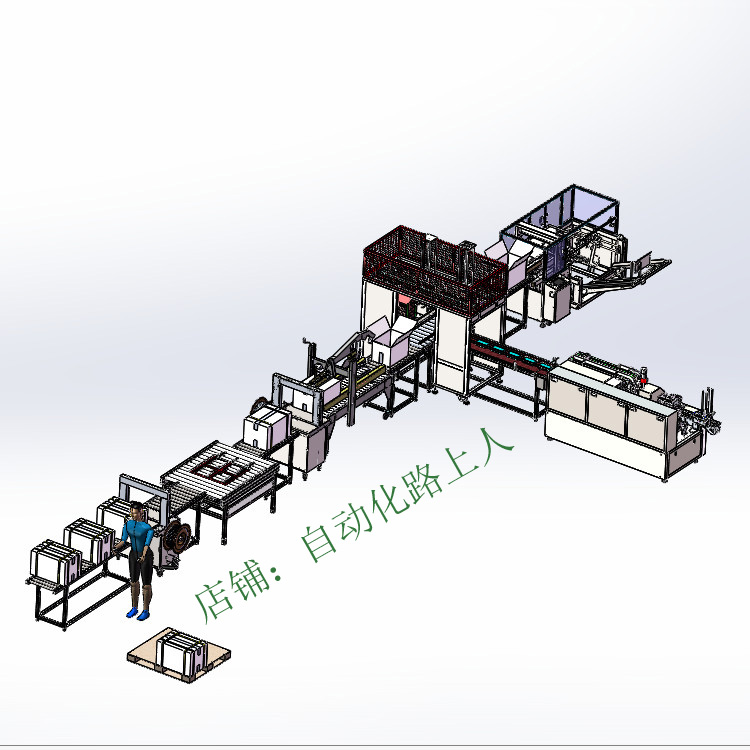 自动装盒开箱装箱折盖封箱井字打包捆扎整线包装方案图纸装盒机