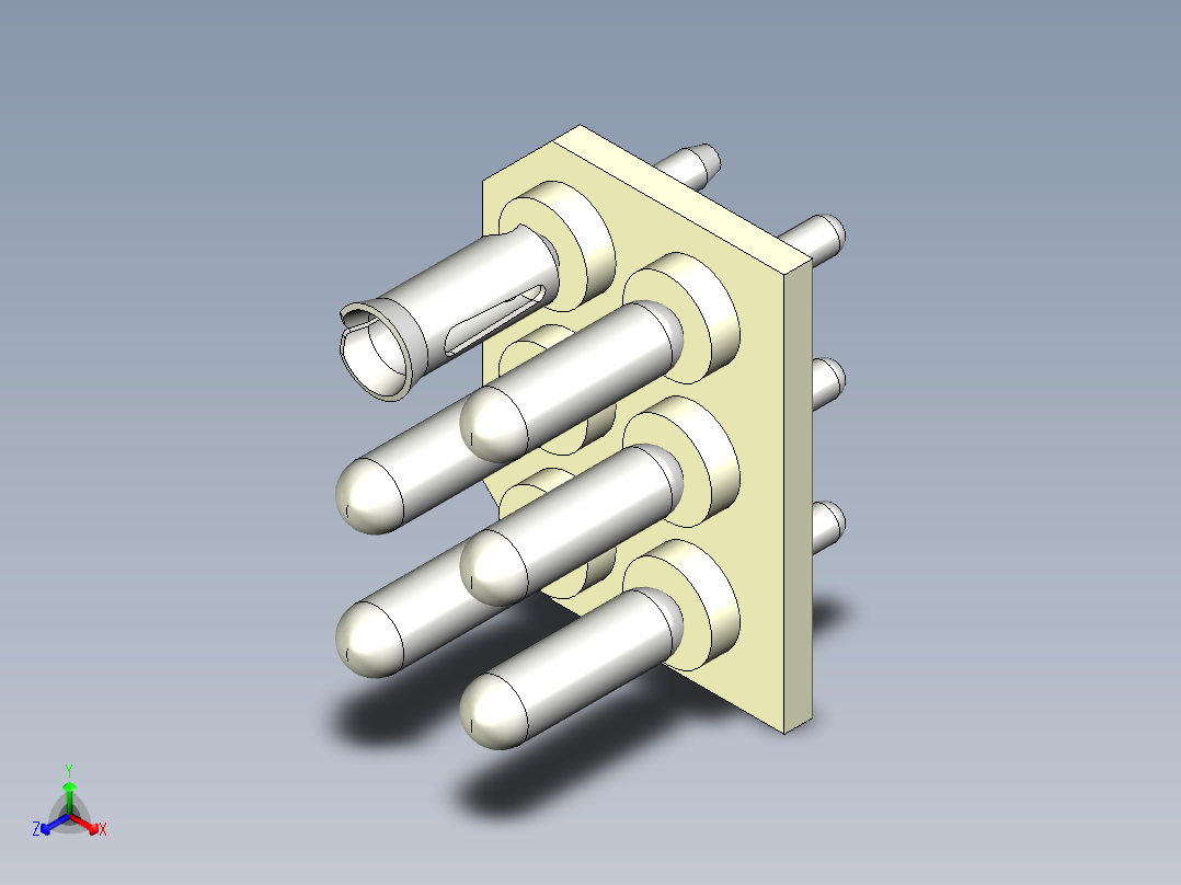 6 引脚 PCB 安装连接器，引脚 1 位于中心轴。
