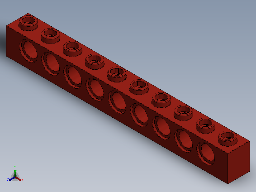 乐高机械组积木（横梁）-273021 Bright Red Technic Brick 1 x 10 with Holes正等轴测图