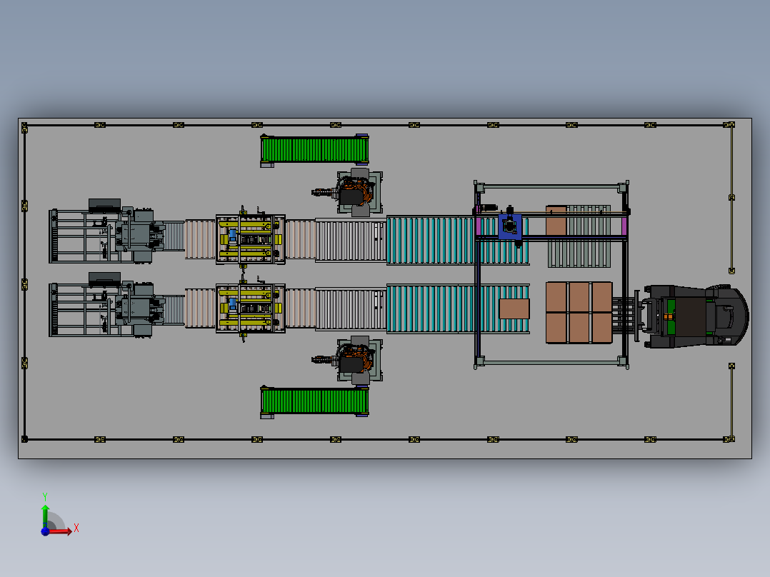 开箱、包装封箱三轴龙门码垛装箱3d图纸前视图
