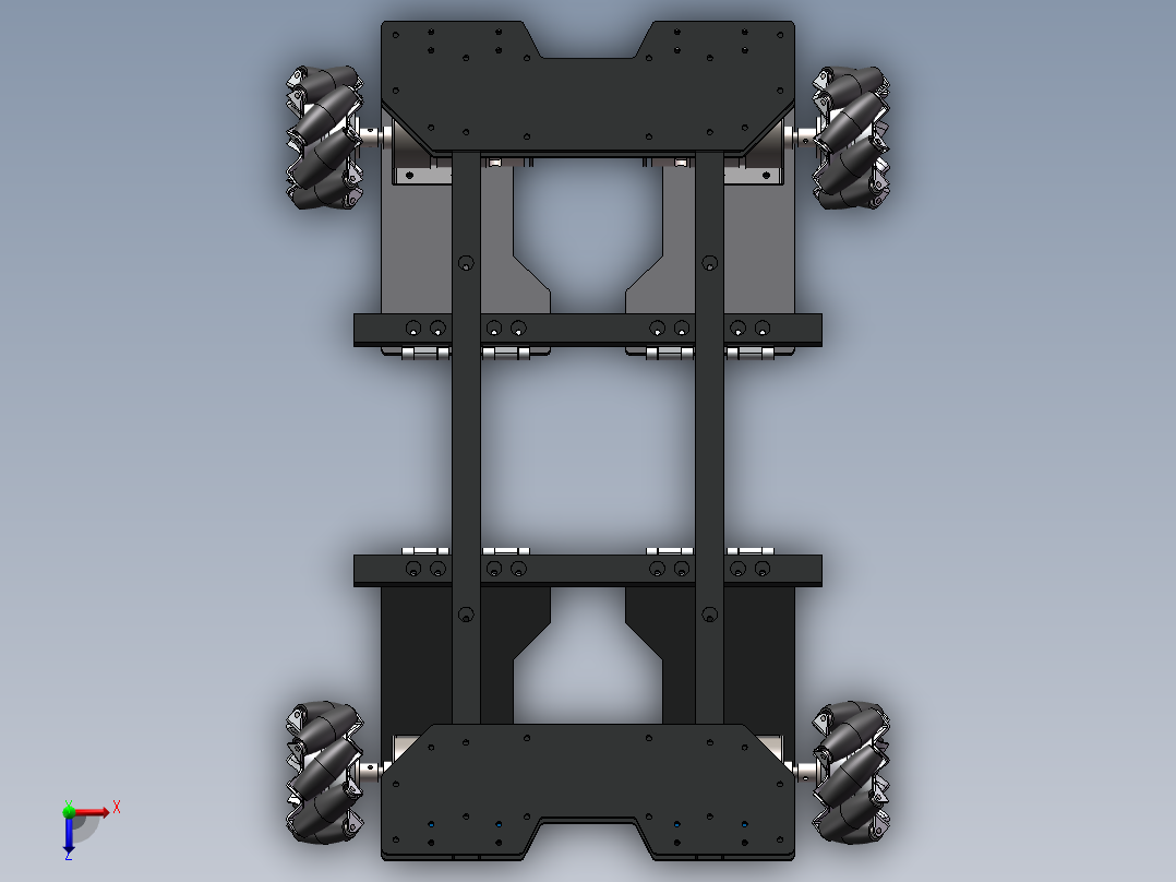 麦克纳姆轮独立悬挂底盘含cad图sw2018可编辑俯视图