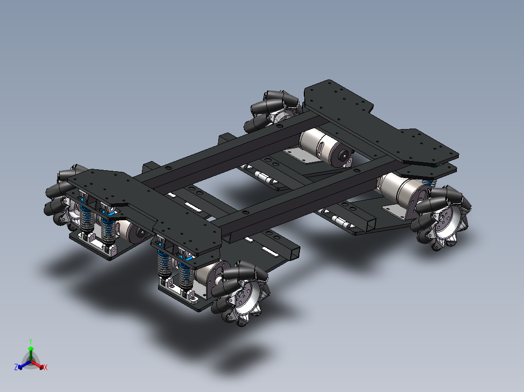 麦克纳姆轮独立悬挂底盘含cad图sw2018可编辑正等轴测图