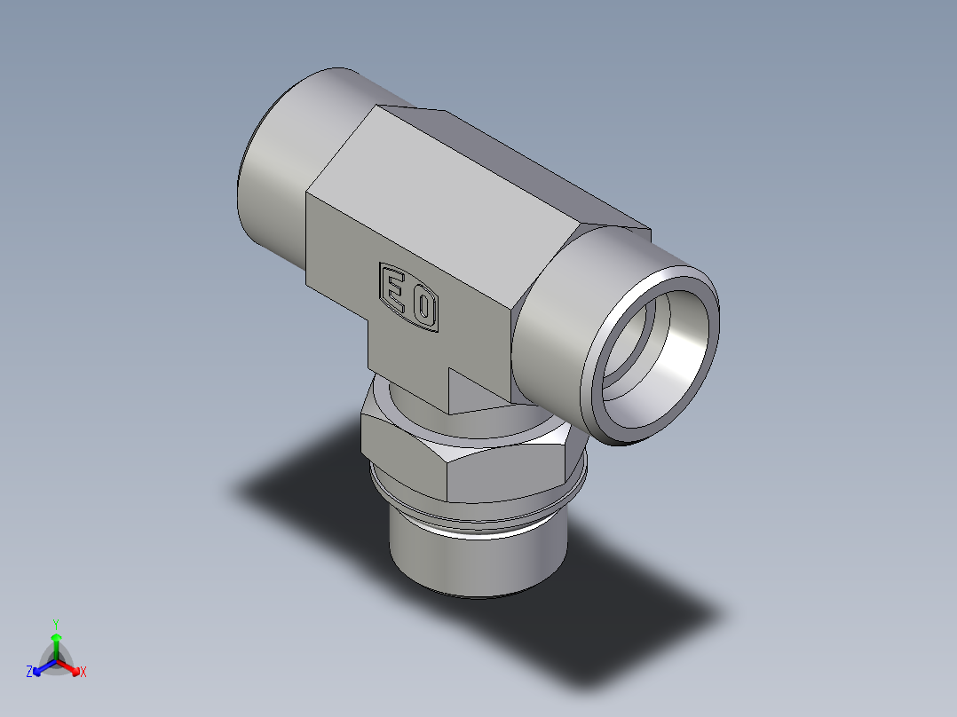 卡套式工业通用硬管接头EO_Adjustable_locknut_branch_tee_TEE20SMOROMDCF正等轴测图