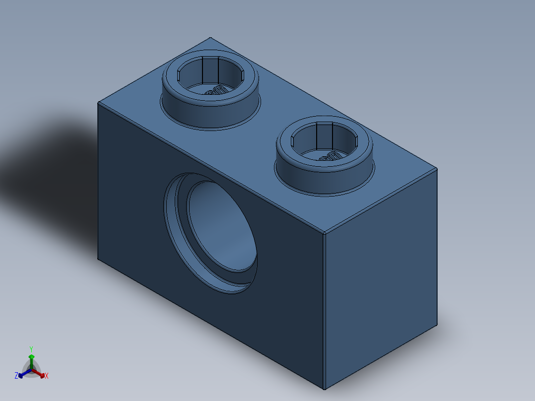 乐高机械组积木（横梁）-6004881- 3700 Medium Blue Technic Brick 1 x 2 with Hole正等轴测图