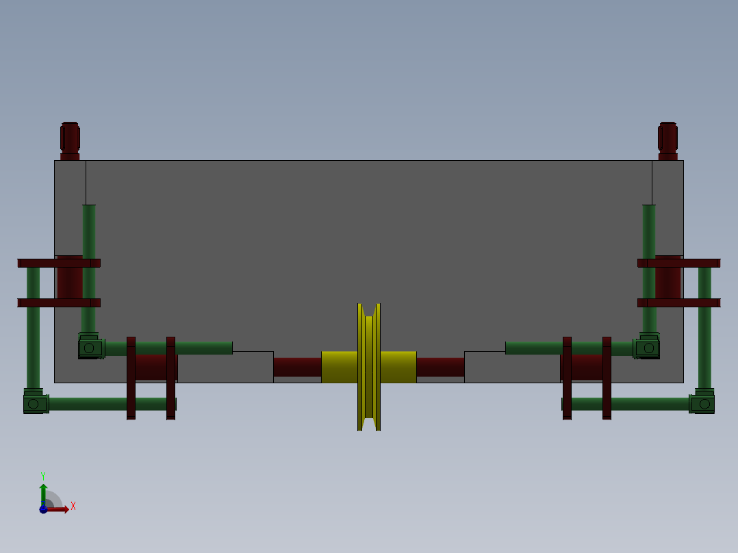 驱动两个远距离轴反向旋转的机构前视图