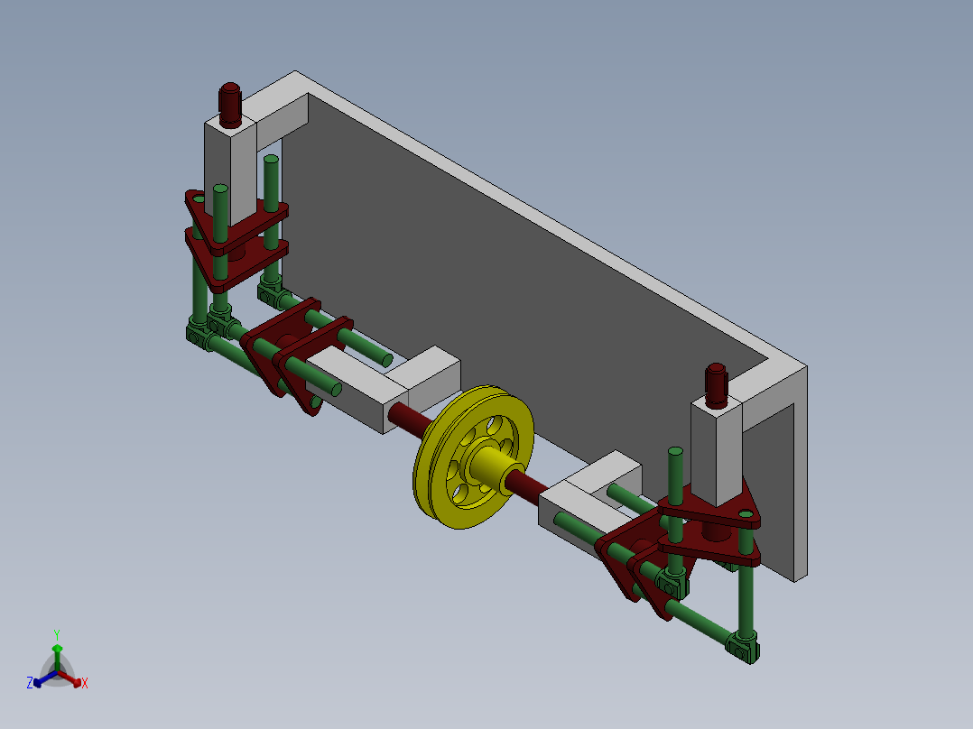 驱动两个远距离轴反向旋转的机构正等轴测图