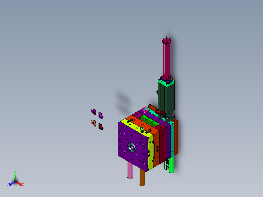 小顶盖油缸抽芯螺纹模具正等轴测图