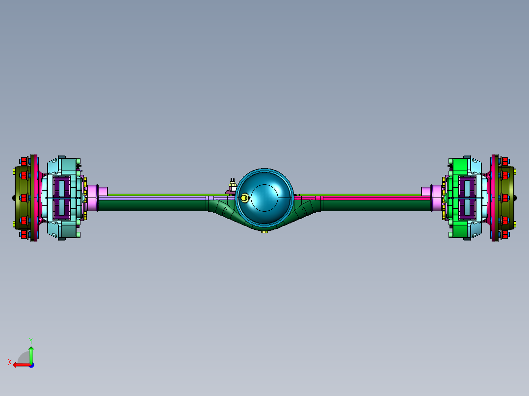 重型转向刚性悬架车轴后桥装置后视图