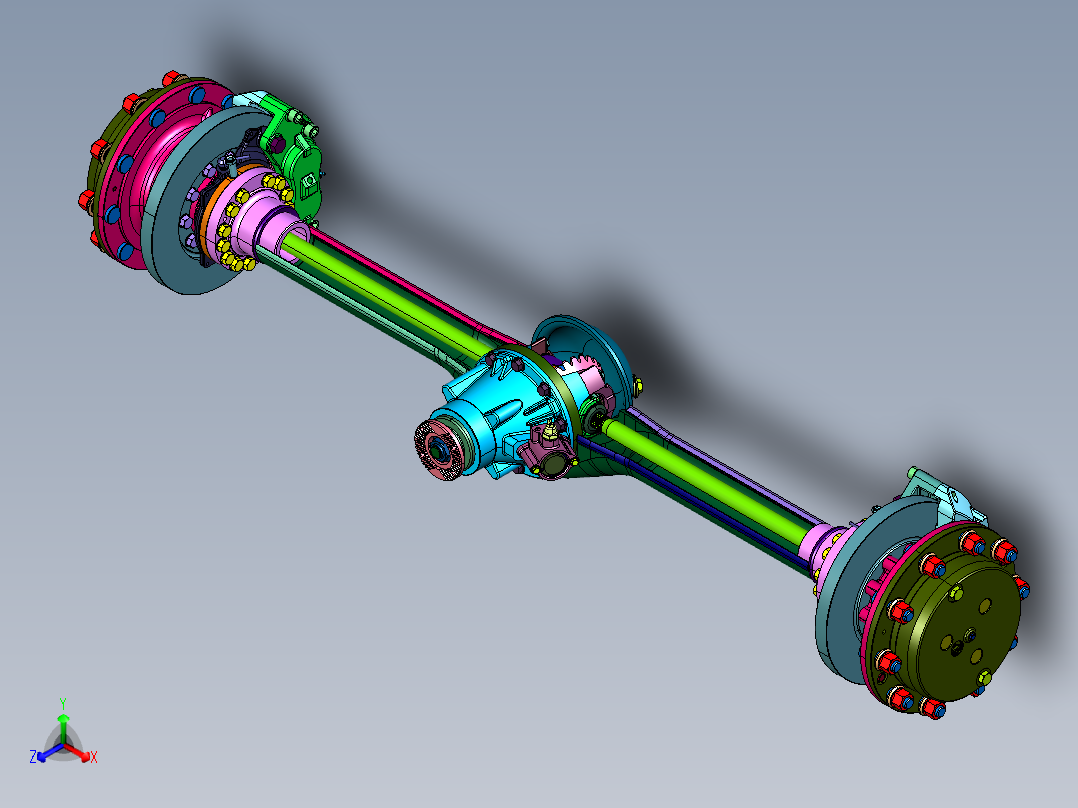 重型转向刚性悬架车轴后桥装置正等轴测图