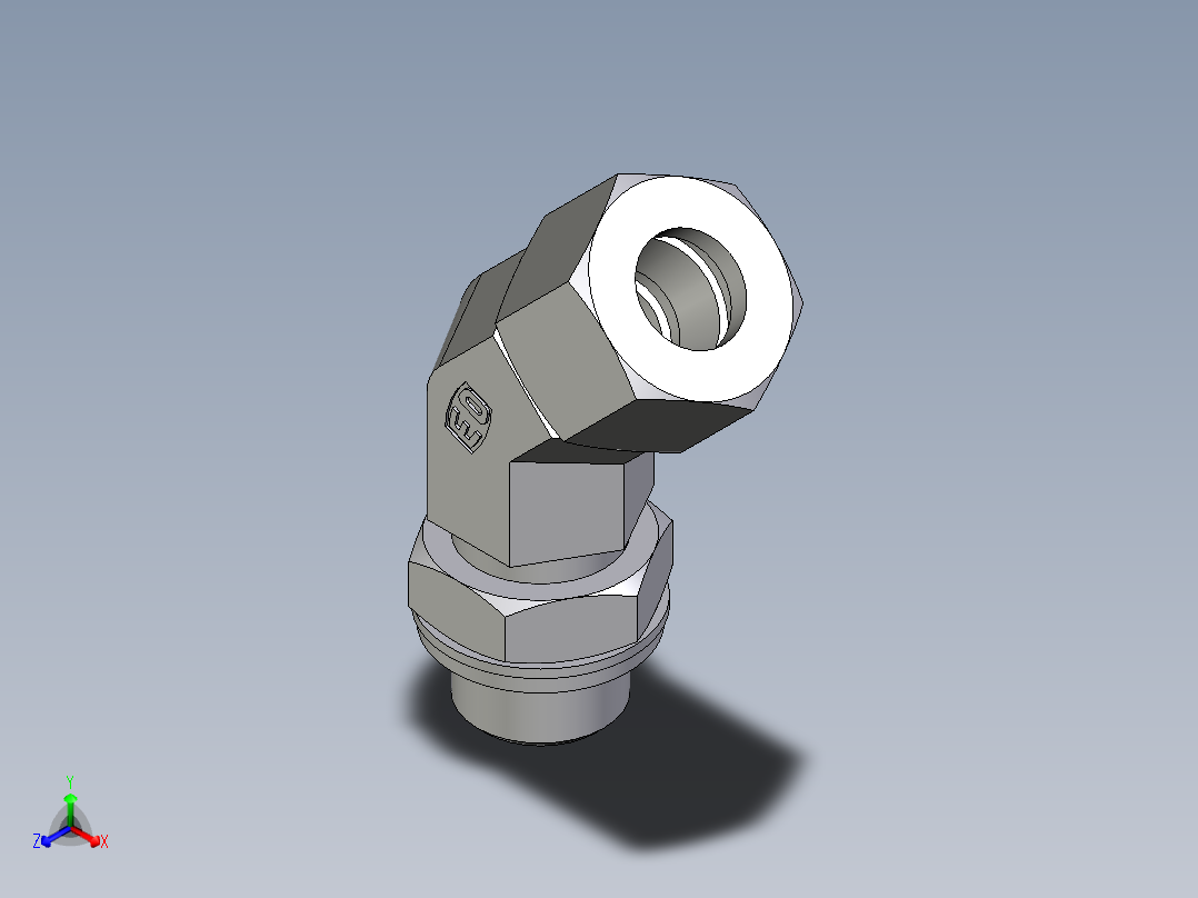 卡套式工业通用硬管接头EO_Adjustable_locknut_45_deg_elbow_VEE12LRCF正等轴测图