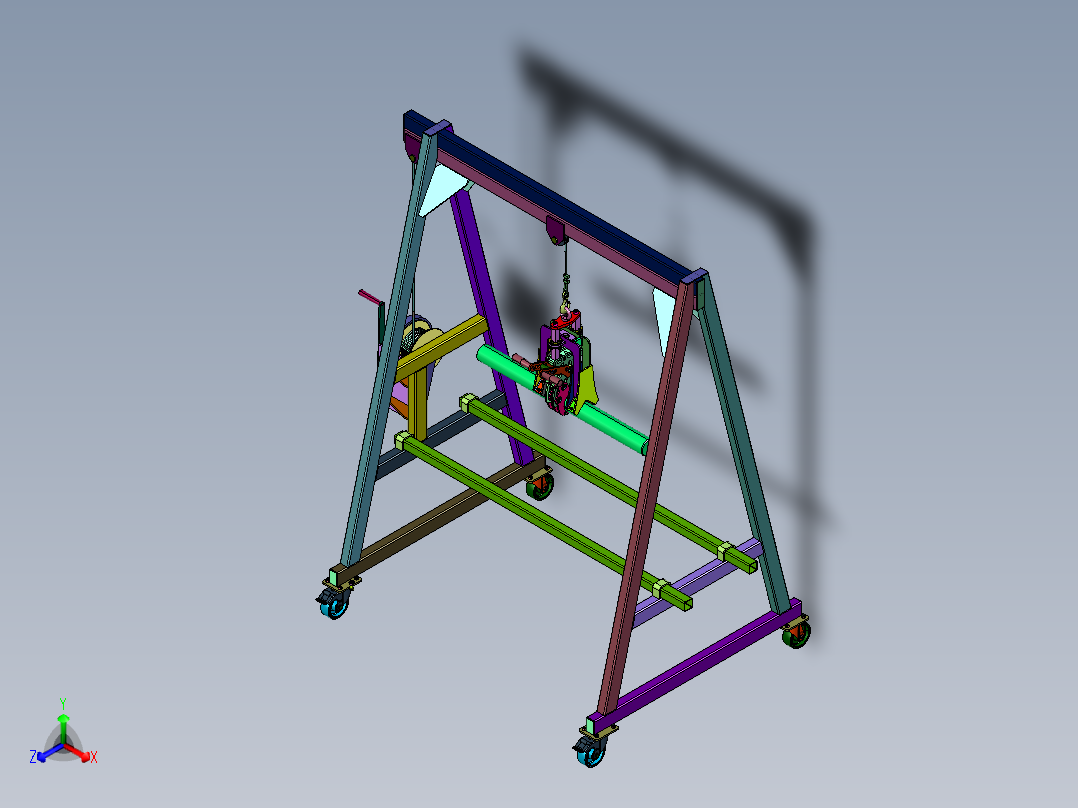 手摇绞盘圆钢移动吊机正等轴测图