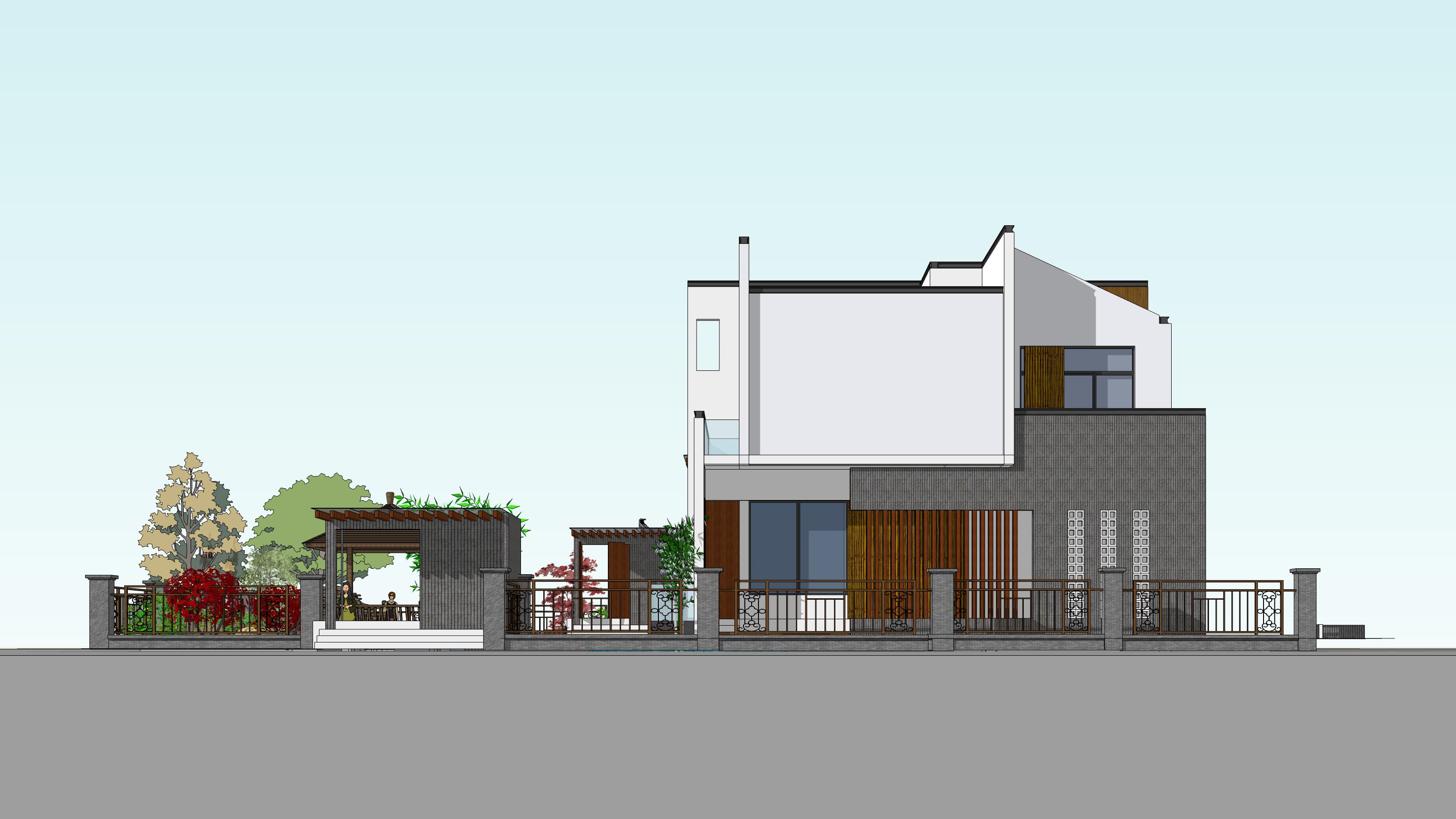 新中式别墅农乡村自建房建筑设计方案CAD总平立剖图纸SU模型素材