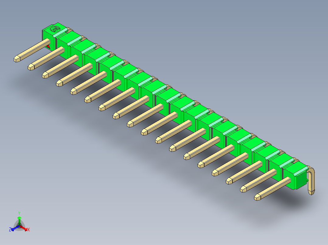 彩色公排针 100mil 2.54mm 系列-DS1022_green_1x18p_100mil_TypeD_rev1.0正等轴测图