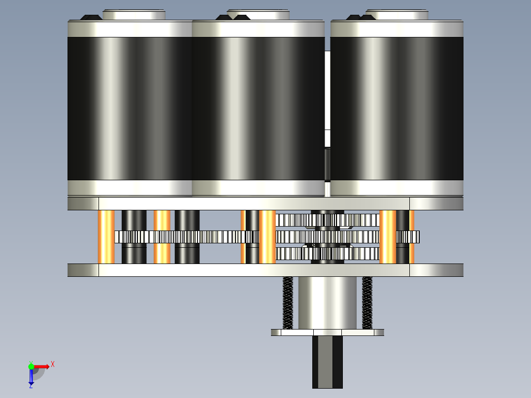 三连电机小齿轮箱3D数模图纸 STEP格式俯视图