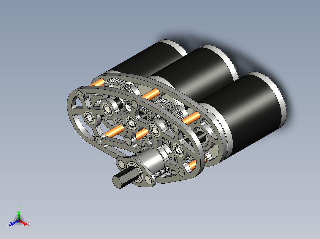 三连电机小齿轮箱3D数模图纸 STEP格式正等轴测图