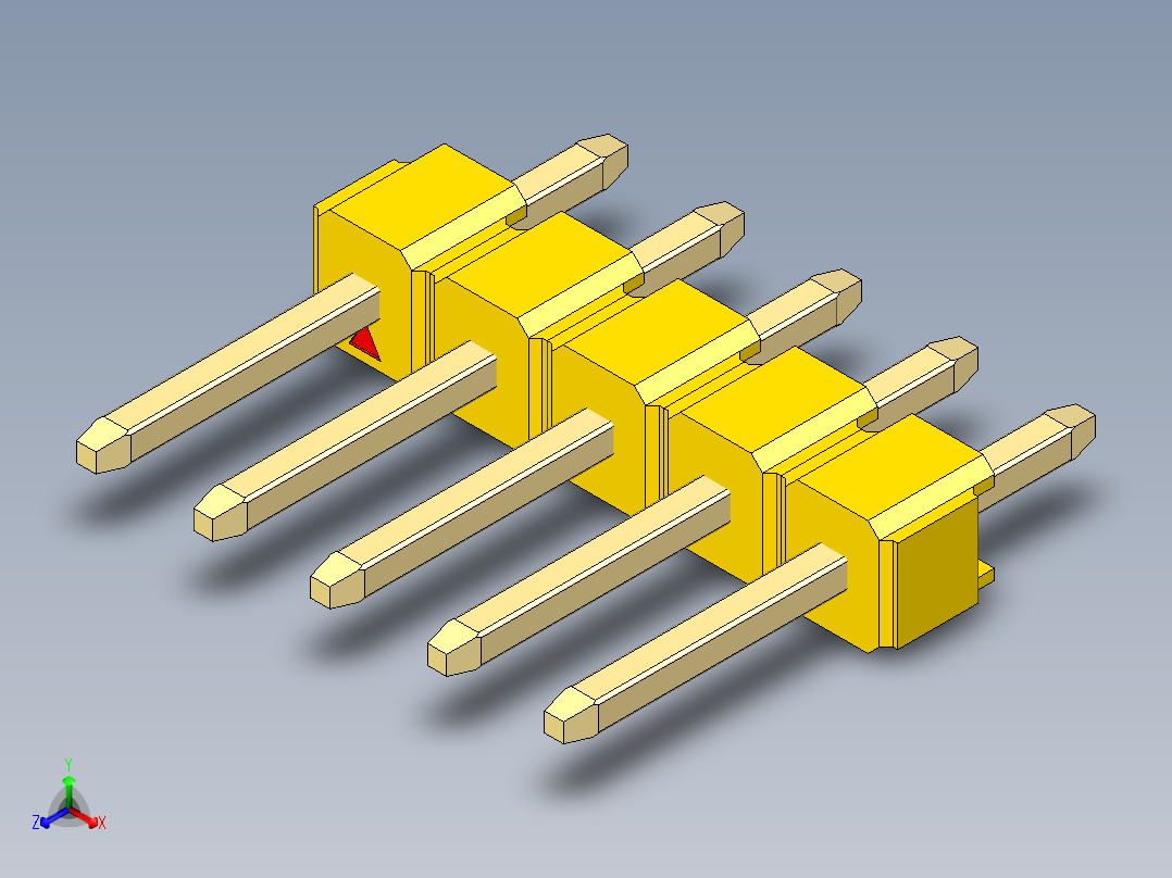 彩色公头100mil（2.54mm）系列-DS1021_yellow_1x05p_100mil_Type1_rev1.0正等轴测图