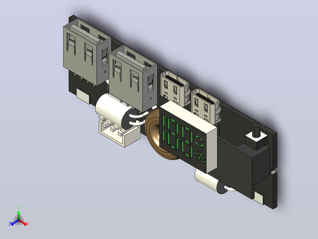 LED双USB PD快充5A 100W Type-C USB移动电源18650充电模块带温度保护正等轴测图