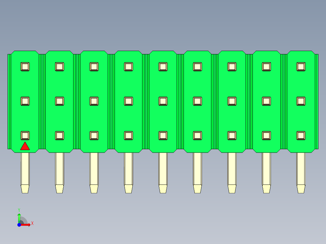 彩色公排针 100mil 2.54mm 系列-DS1022_green_3x09p_100mil_TypeD_rev1.0前视图
