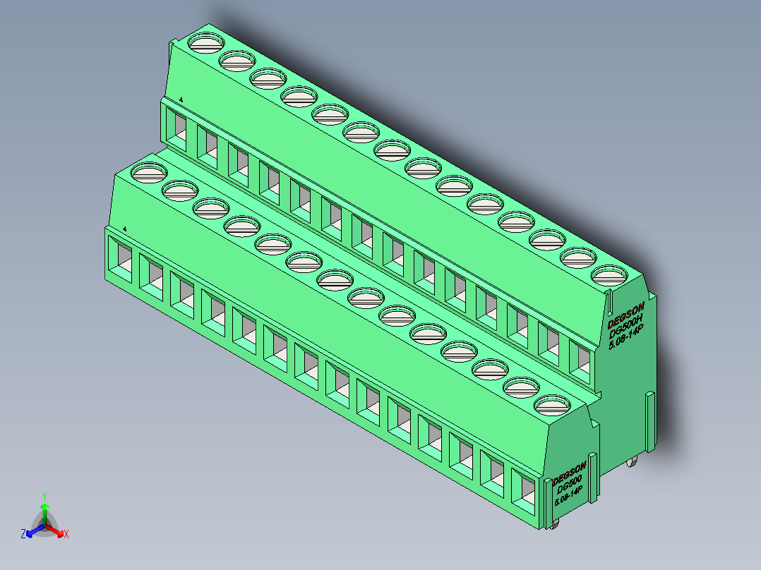DEGSON DG500 系列 5.05.087.62mm 接线端子-DG500A-5.08-28P-14-00AH正等轴测图