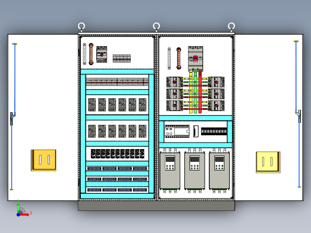 双柜组装12路交流接触器630A竖装plc软启动控制柜前视图